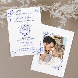 Invitación Mano azul singulares dibujando una foto en reverso