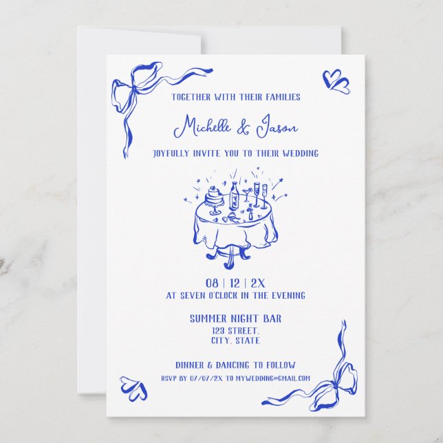 Invitación Mano azul única dibujada en reverso francés contem (Anverso)