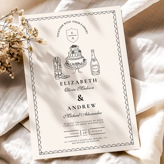 Invitación Mano blanca negra dibujó Boda de doodle occidental (Subido por el creador)