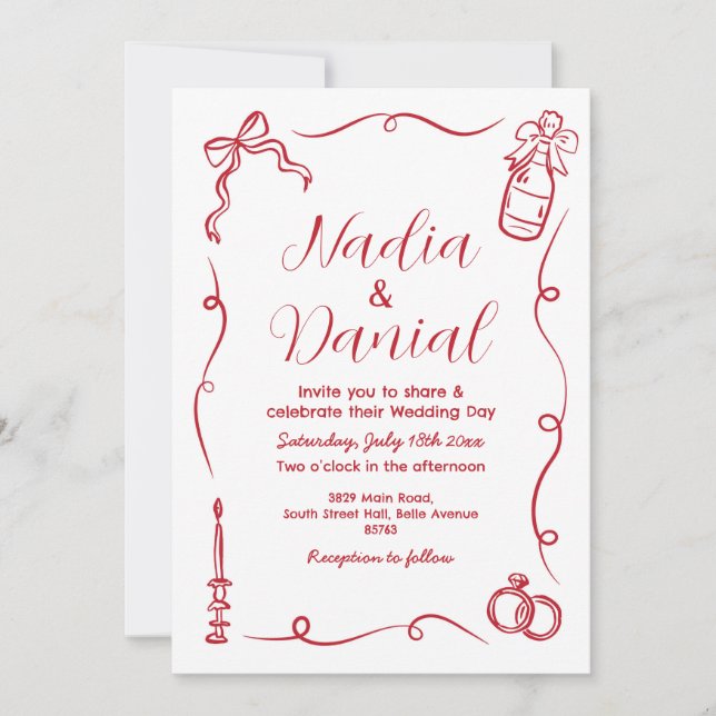 Invitación Mano boda dibujada de rojo caprichoso (Anverso)