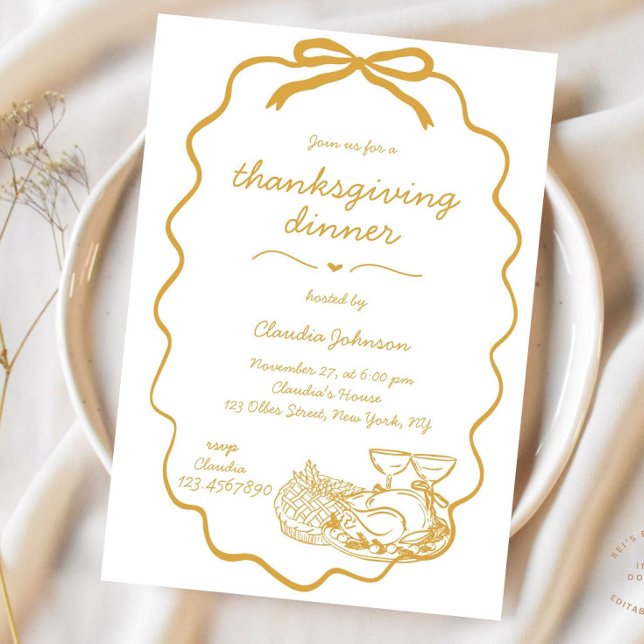 Invitación Mano caprichosa atrae cena moderna de Acción de Gr (Thanksgiving Dinner, Whimsical Thanksgiving, Hand Drawn, Thanksgiving Invitation, Scribble Invitatio)
