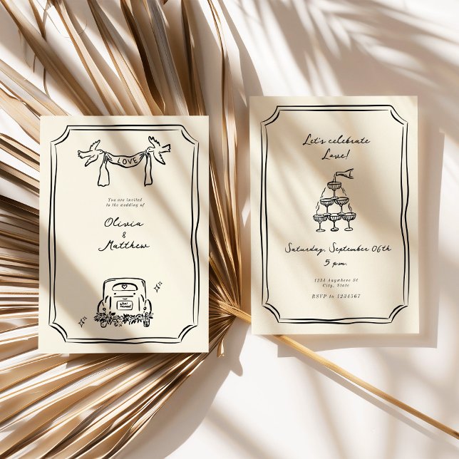 Invitación Mano caprichosa Boda negro (Whimsical Hand Drawn Wedding Black Invitation)