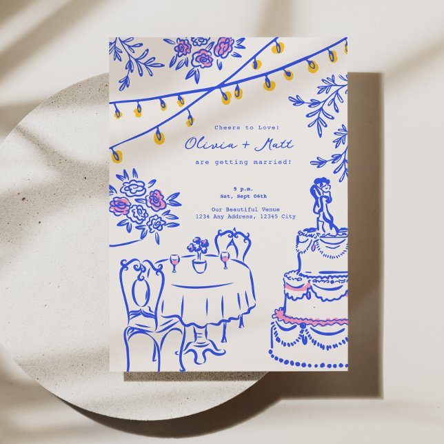 Invitación Mano caprichosa de linternas dibujadas Boda azul (Whimsical Hand Drawn Lanterns Wedding Blue Invitation)