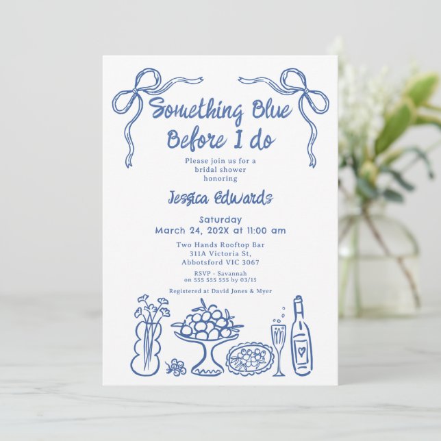 Invitación Mano caprichosa dibuja algo de ducha azul de novia (Anverso de pie)