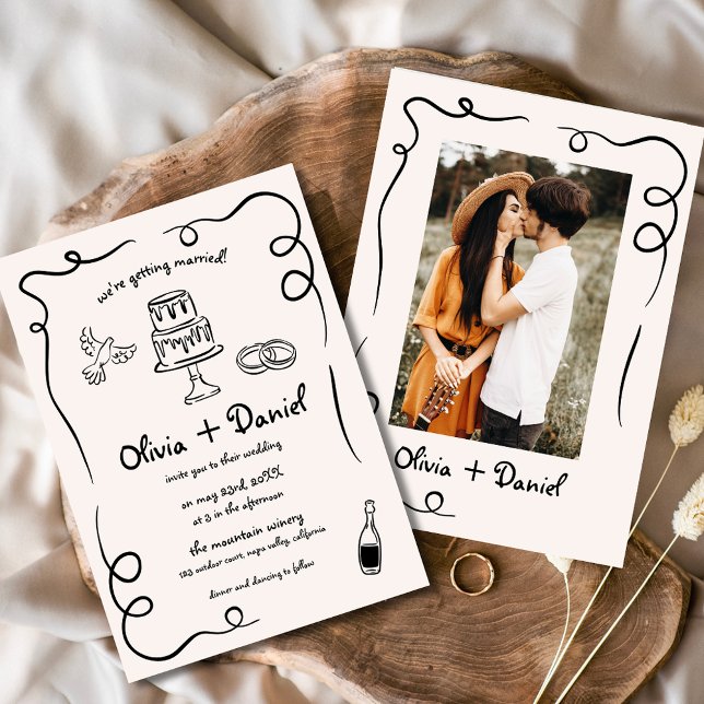 Invitación Mano caprichosa dibuja foto francesa Boda negro (Subido por el creador)