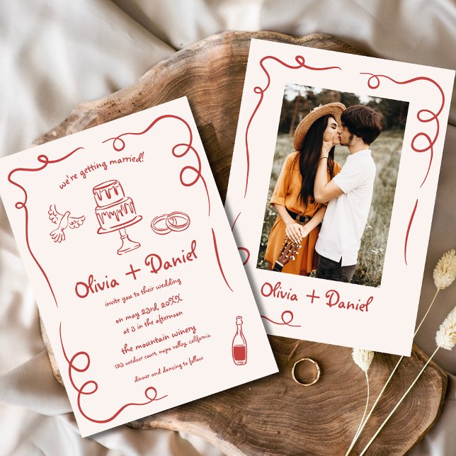 Invitación Mano caprichosa dibuja foto francesa Boda rojo (Subido por el creador)
