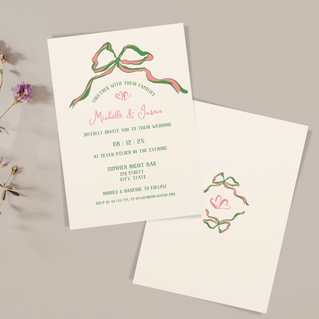 Invitación Mano caprichosa dibuja un arco retro francés conte (green and pink hand drawn illustration with a bow and two hearts)