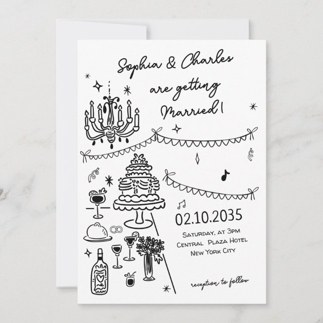 Invitación Mano caprichosa dibujada Boda blanco y negro (Anverso)