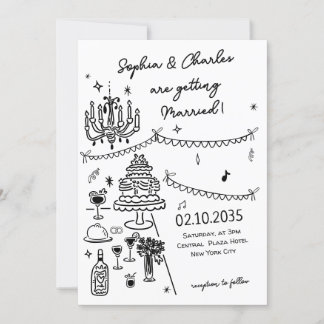 Invitación Mano caprichosa dibujada Boda blanco y negro