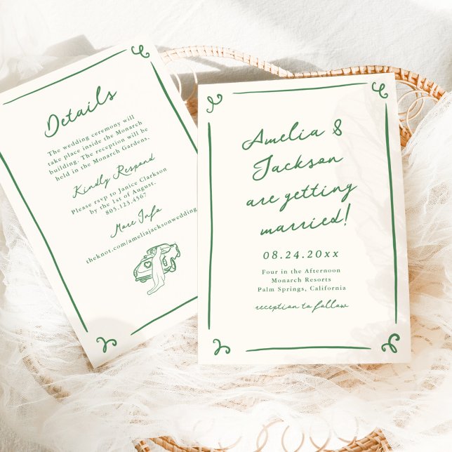 Invitación Mano caprichosa dibujada verde + Boda de detalles (Subido por el creador)