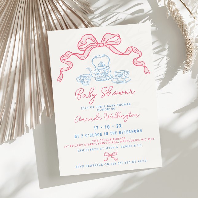 Invitación Mano caprichosa dibujó Baby Shower de té (Bow Tea Whimsical Baby Shower Invitation, Hand Drawn Illustration Baby Shower Invitation, Pink Blue)