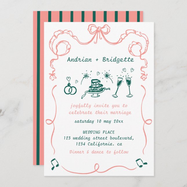 Invitación Mano caprichosa dibujó Boda de Bow rescrible (Anverso / Reverso)