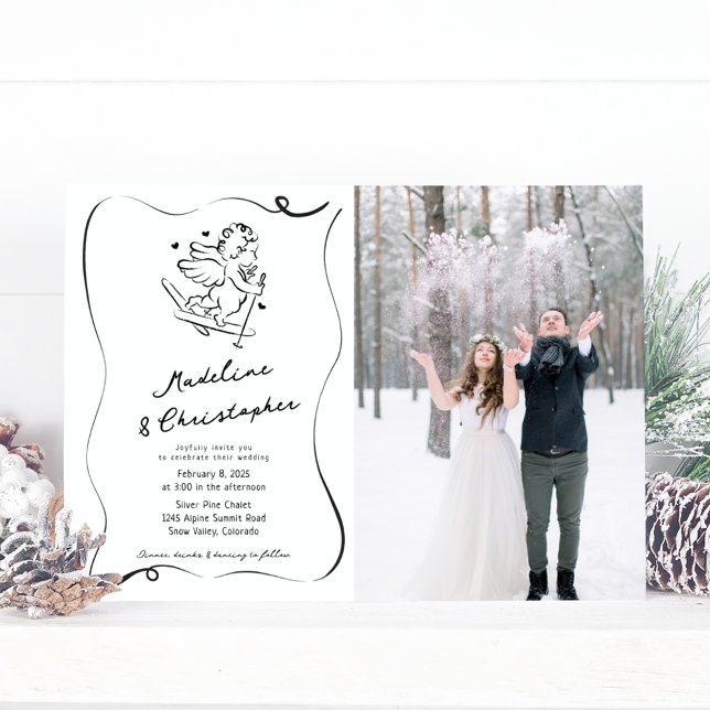 Invitación Mano caprichosa dibujó Boda de foto de esquí cupid (Subido por el creador)