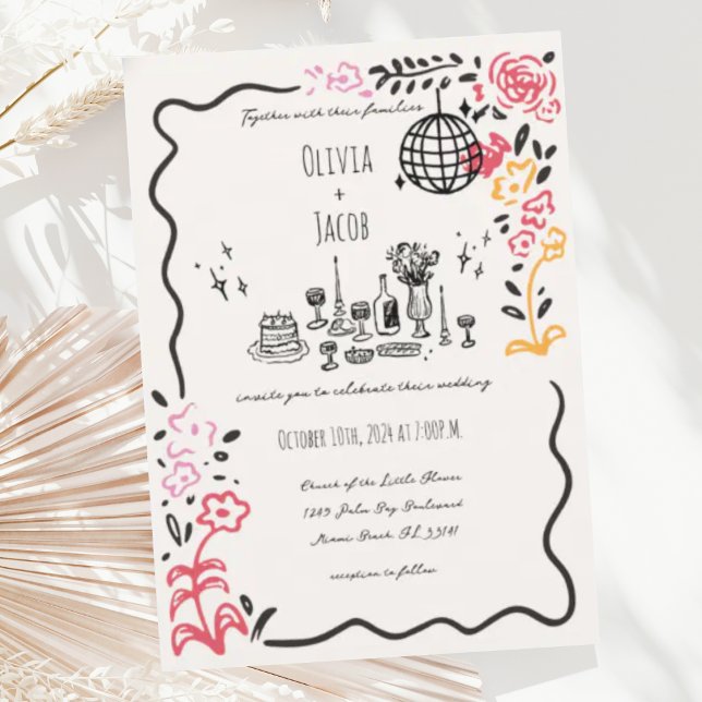 Invitación Mano caprichosa dibujó Boda ondulado de esgrima fl (Subido por el creador)