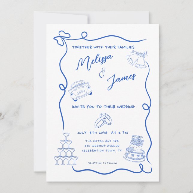 Invitación Mano caprichosa dibujó Boda quirky azul (Anverso)