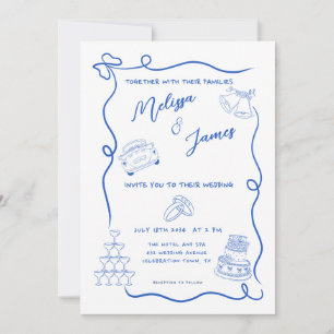 Invitación Mano caprichosa dibujó Boda quirky azul