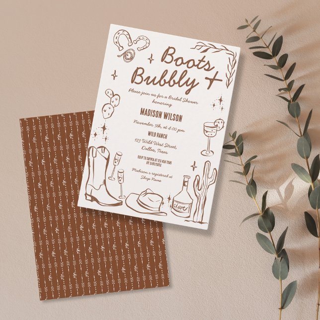 Invitación Mano caprichosa dibujó botes y burbujeante occiden (hand drawn wild west doodle bridal shower invitation in terracotta color)