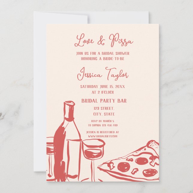 Invitación Mano caprichosa dibujó brunch de novia amor y pizz (Anverso)