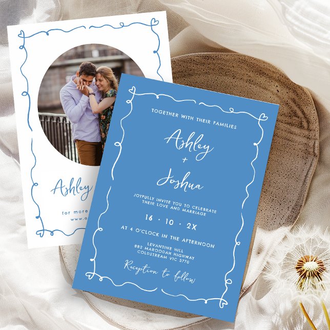 Invitación Mano caprichosa dibujó el Boda de los corazones de (Blue Whimsical Hand drawn Wedding Invitation, Blue, heart Frame, Hand Drawn Wedding Invite, Trendy)