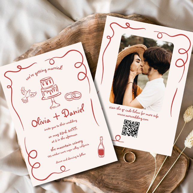Invitación Mano caprichosa dibujó el código QR Boda rojo (Subido por el creador)