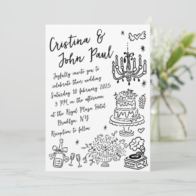 Invitación Mano caprichosa dibujó garabatos al estilo francés (Anverso de pie)