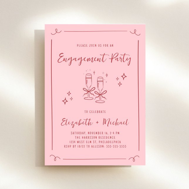 Invitación Mano caprichosa engendró un partido de compromiso  (Whimsical pink + red engagement party invitation to set the tone for an unforgettable event)
