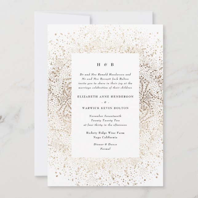 Invitación Mano caprichosa formal dibujada Boda blanco y oro (Anverso)