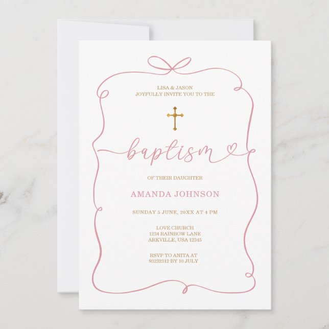 Invitación Mano caprichosa rosada minimalistaBautismo Chica (Anverso)