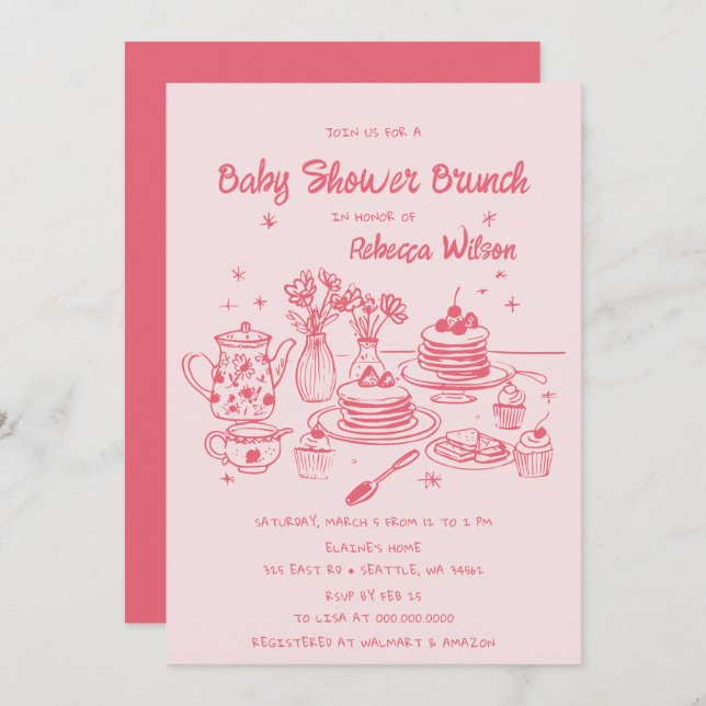 Invitación Mano caprichoso rosado dibujó Chica Baby Shower Br (Anverso / Reverso)
