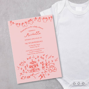 Invitación Mano caprichoso traza Baby Shower rojo rosado