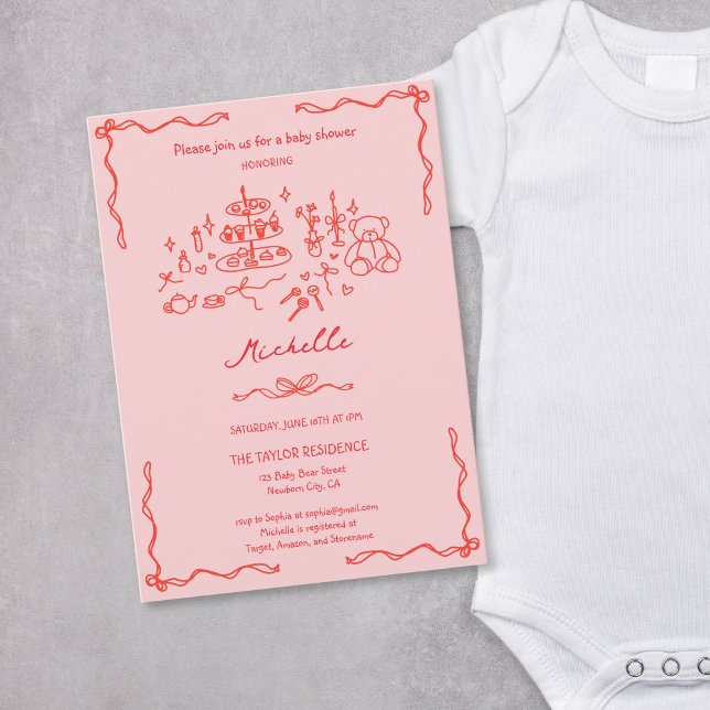 Invitación Mano caprichoso y caprichosa dibujada en Baby Show (whimsical hand drawn baby shower invitation in red and pink )