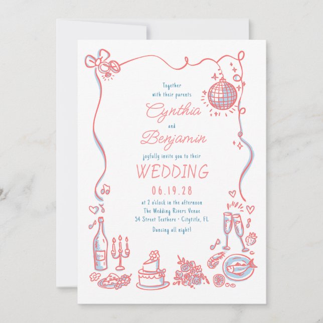 Invitación Mano caprichoso y caprichoso dibujó Boda azul rosa (Anverso)