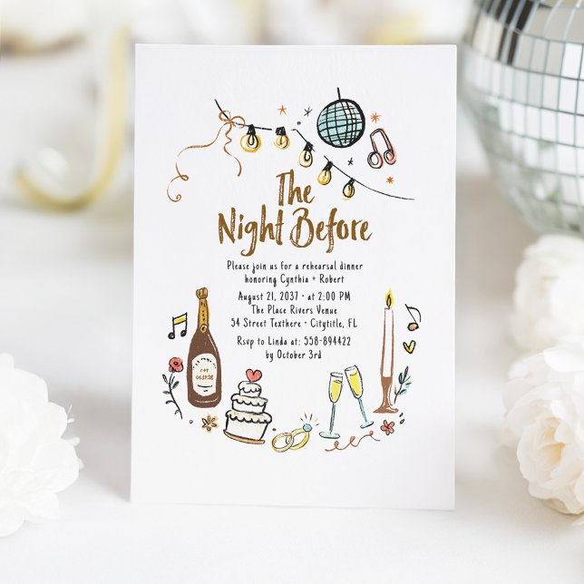 Invitación Mano caprichoso y divertido ensayo de la cena (The Night Before Whimsical French Line Art Doodles Rehearsal Dinner Invitations)