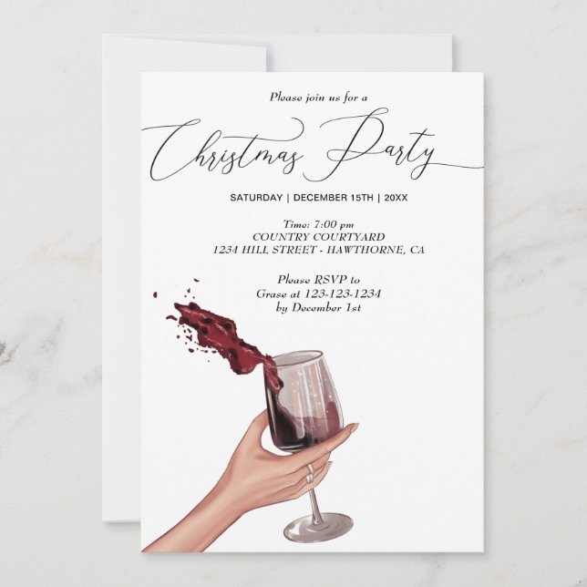 Invitación mano con fiesta de navidades de vino tinto (Anverso)