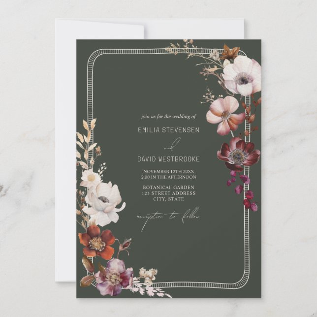 Invitación Mano de anémona rusa dibuja Boda verde fronterizo (Anverso)