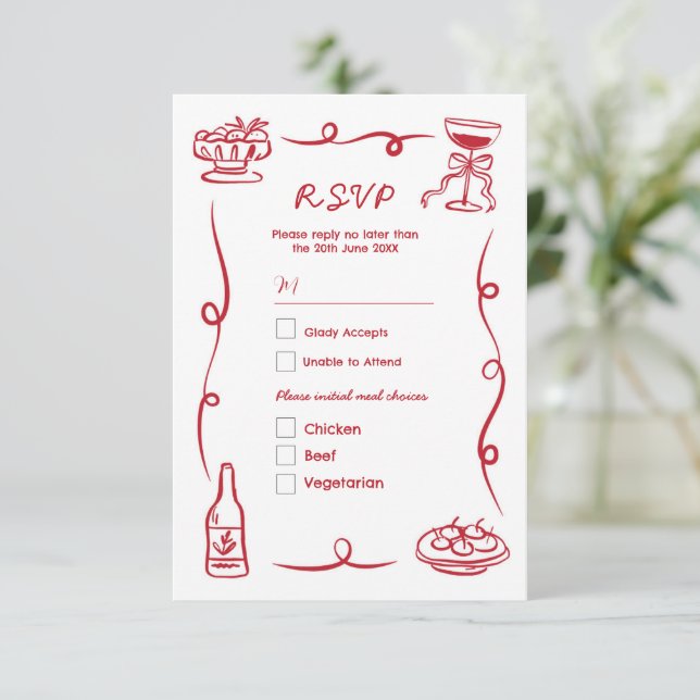 Invitación Mano de Boda RSVP dibujada rojo ilustrado (Anverso de pie)