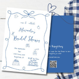 Invitación Mano de ducha de novia dibujada azul francés capri