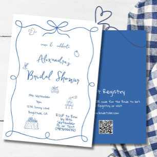 Invitación Mano de ducha de novia dibujada azul francés capri