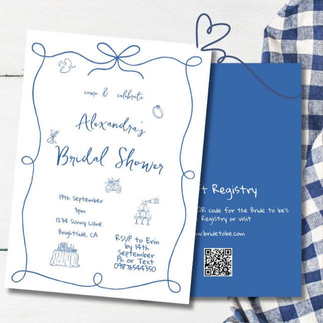 Invitación Mano de ducha de novia dibujada azul francés capri (Subido por el creador)