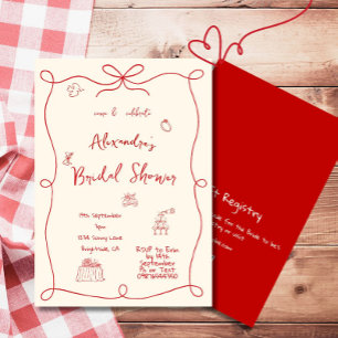 Invitación Mano de ducha de novia dibujada de rojo capricho