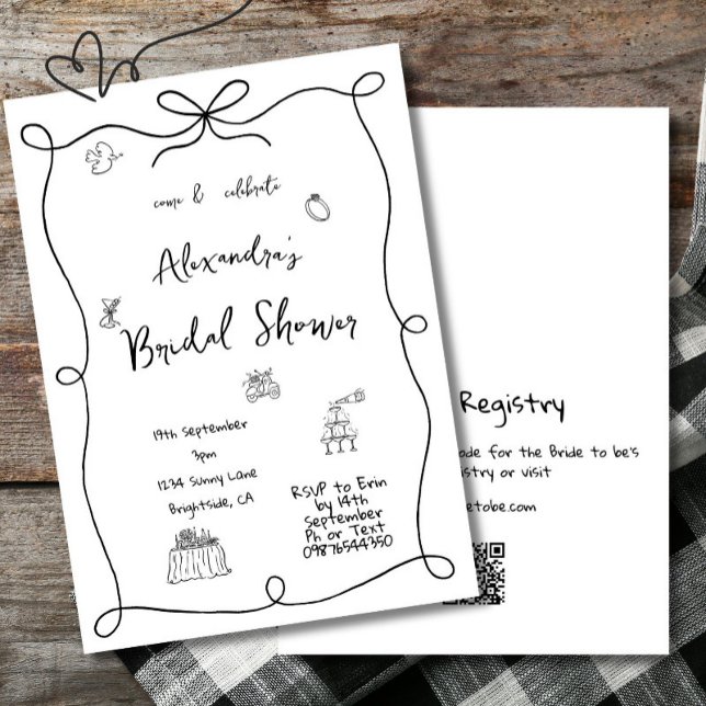 Invitación Mano de ducha de novia dibujada simple negro capri (Subido por el creador)