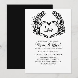 Invitación Mano de esqueleto negro corazón con anillos de bod