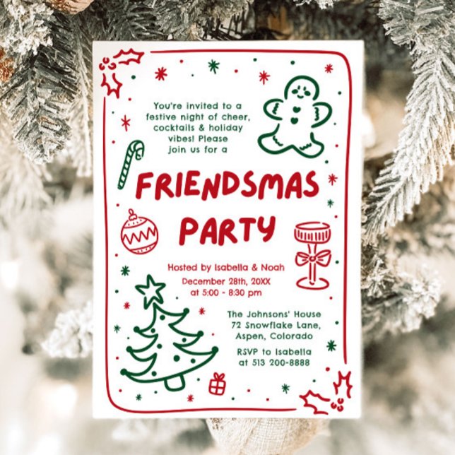 Invitación Mano de festividad captada por el Fiesta Friendsma (Whimsical Holiday Hand Drawn Friendsmas Party Card)