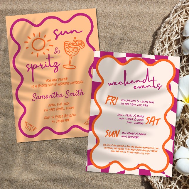 Invitación Mano de fin de semana de soltero de Sun y Spritz (Sun & Spritz Bachelorette Weeknd Scribble Hand Drawn Funky Summer Orange and Pink Invitation)