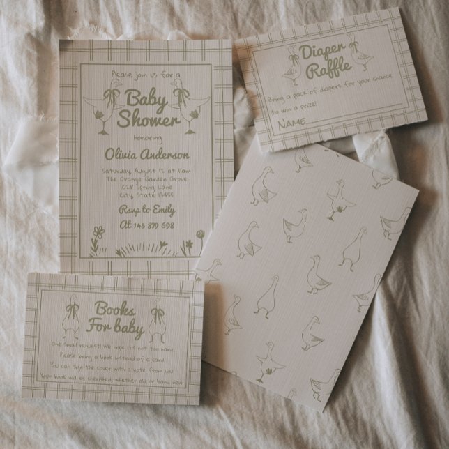 Invitación Mano de ganso dibujada Baby Shower Neutral verde (Subido por el creador)