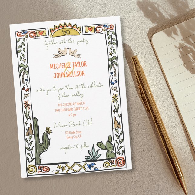 Invitación Mano de garabato caprichoso dibujó boda mexicana e (mexican doodle colorful cactus)