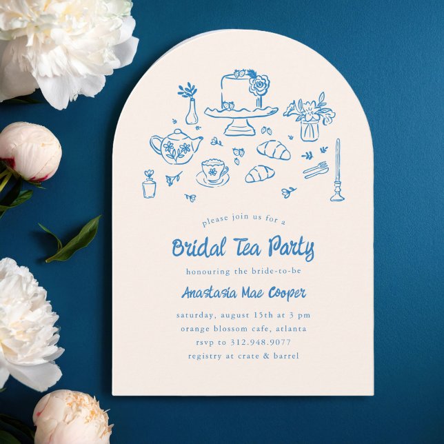 Invitación Mano de garabato caprichoso dibujó Fiesta de té de (charming bridal tea party invitation with hand-drawn illustrations of cake, tea pot, tea cups, etc.)