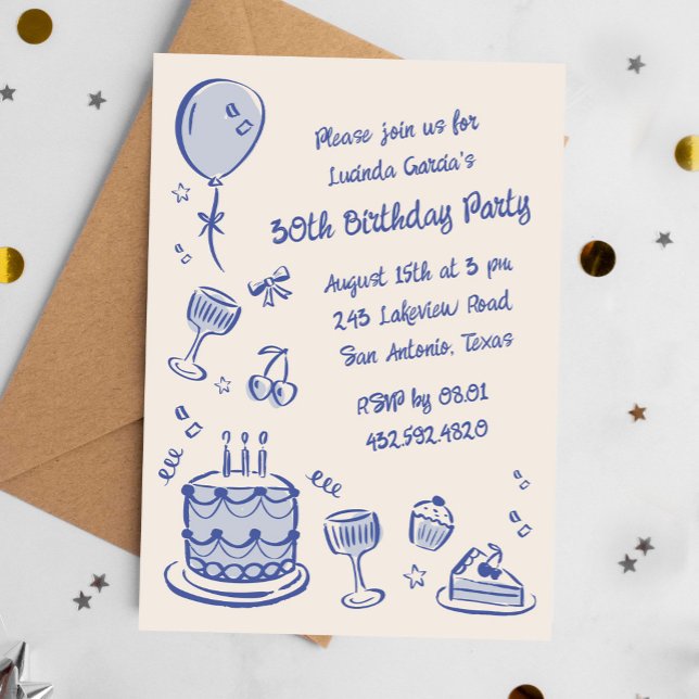 Invitación Mano de grillo azul dibujada en Fiesta de cumpleañ (Blue 30th birthday party invite in whimsical scribble style)