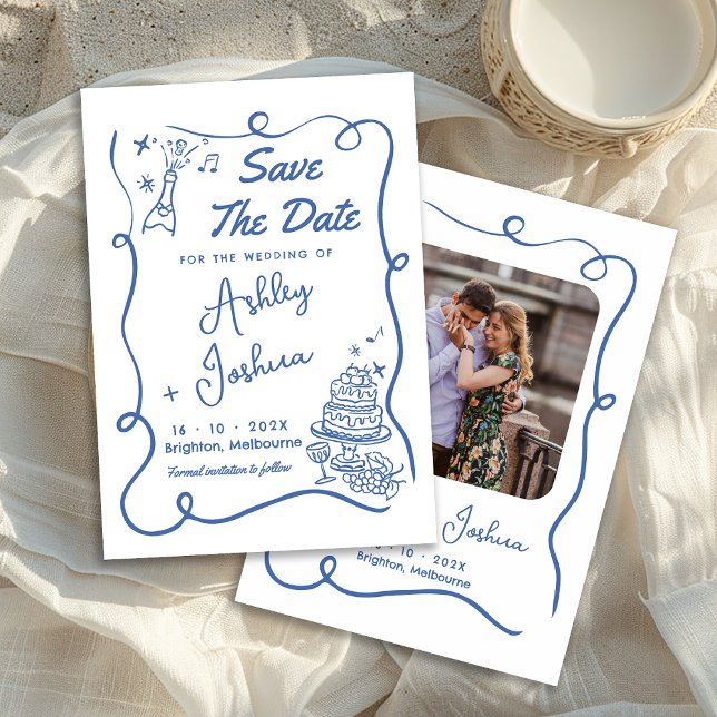 Invitación Mano De Hormigón Azul Extraordinaria Dibujada Guar (Whimsical Blue Hand Drawn Wedding Save The Date Card, Trendy Blue Line Save The Date Card With Photo)
