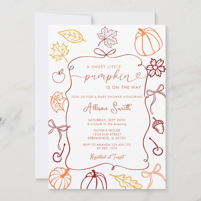 Invitación Mano De Otoño Dibujó Un Pequeño Baby Shower De Cal (Anverso)